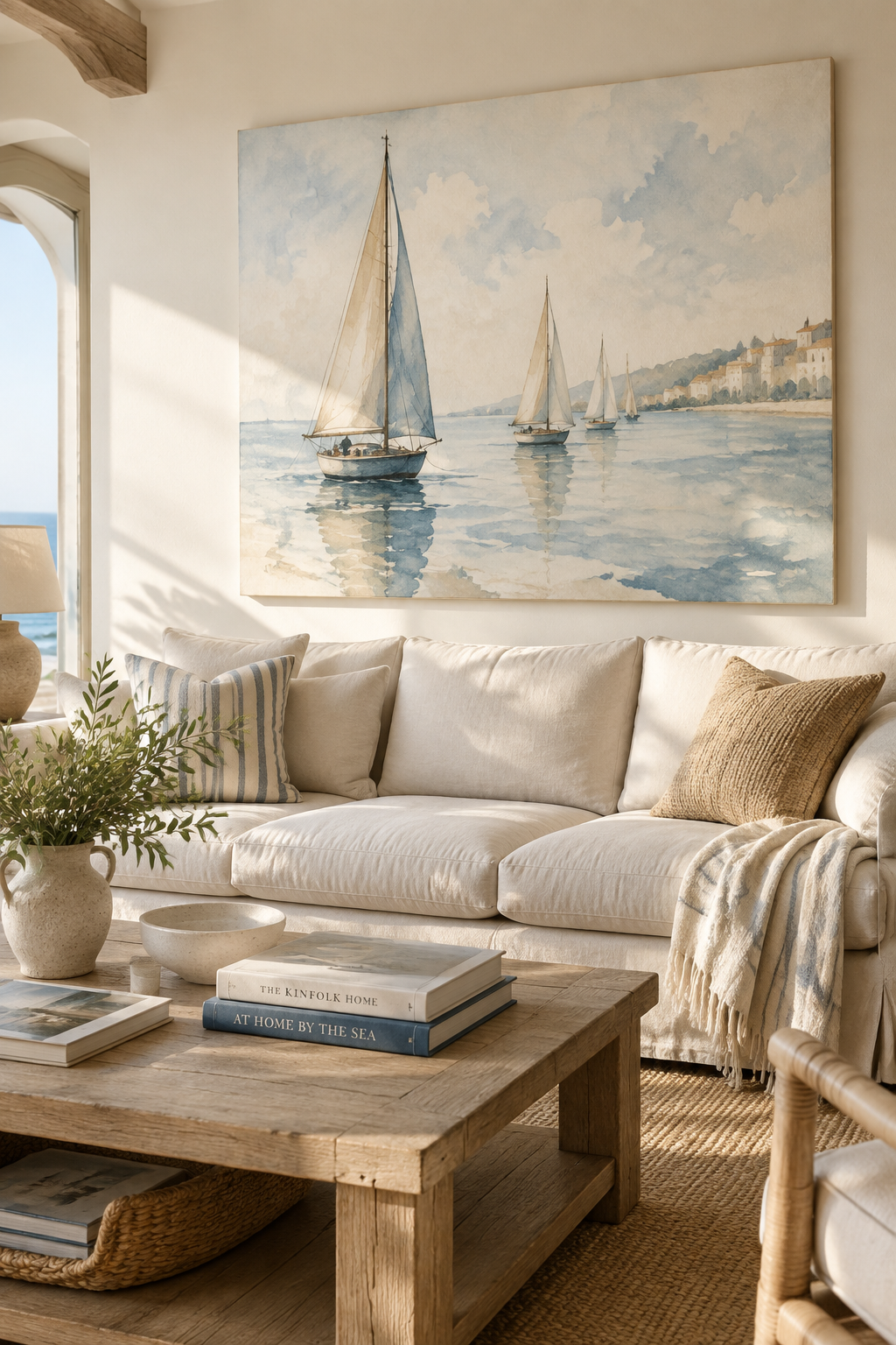 Affiche voilier aquarelle dans un salon côtier moderne