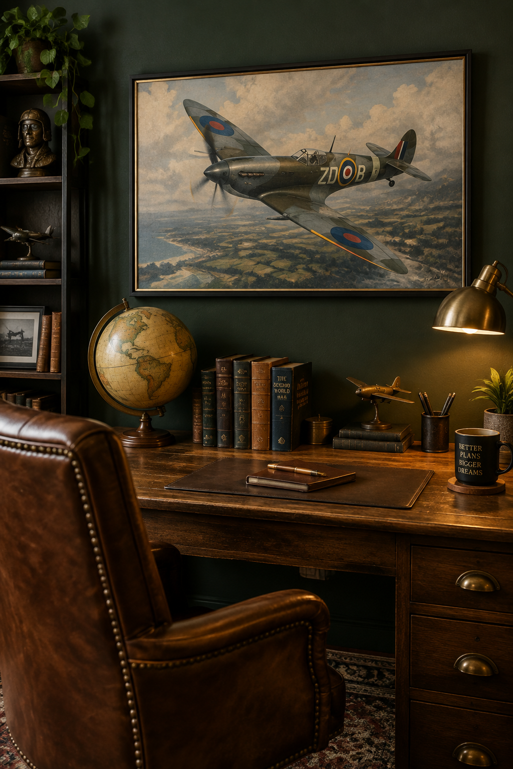 Toile aviation WWII Spitfire dans un home office masculin sombre