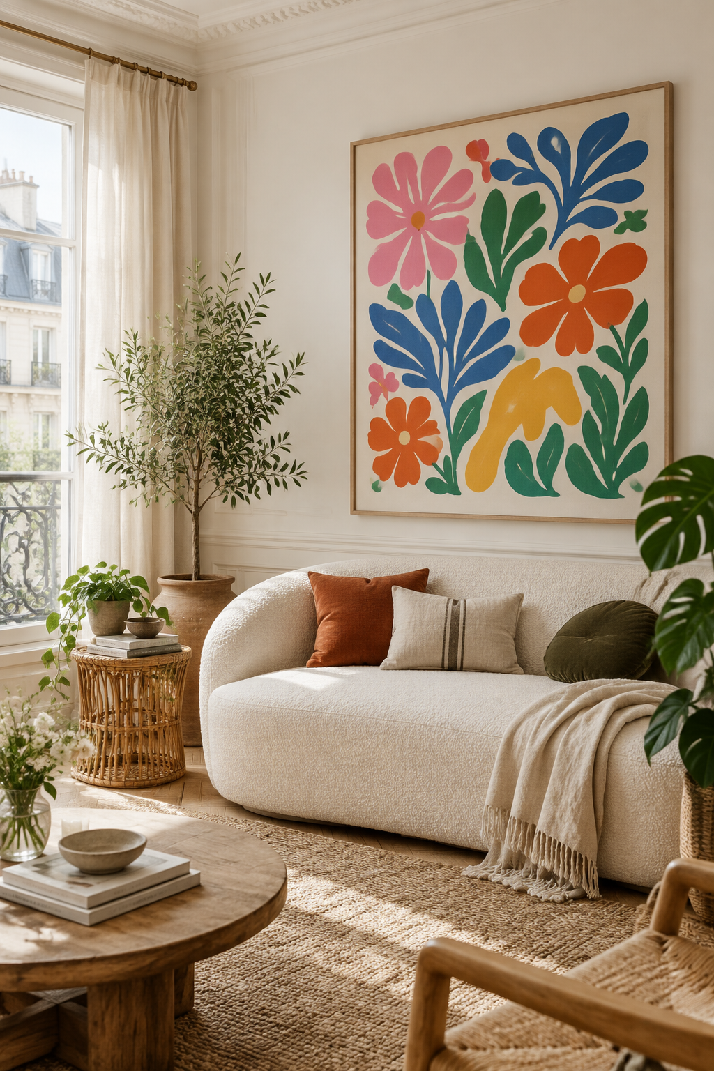 Affiche florale abstraite style Matisse dans un salon boho parisien lumineux