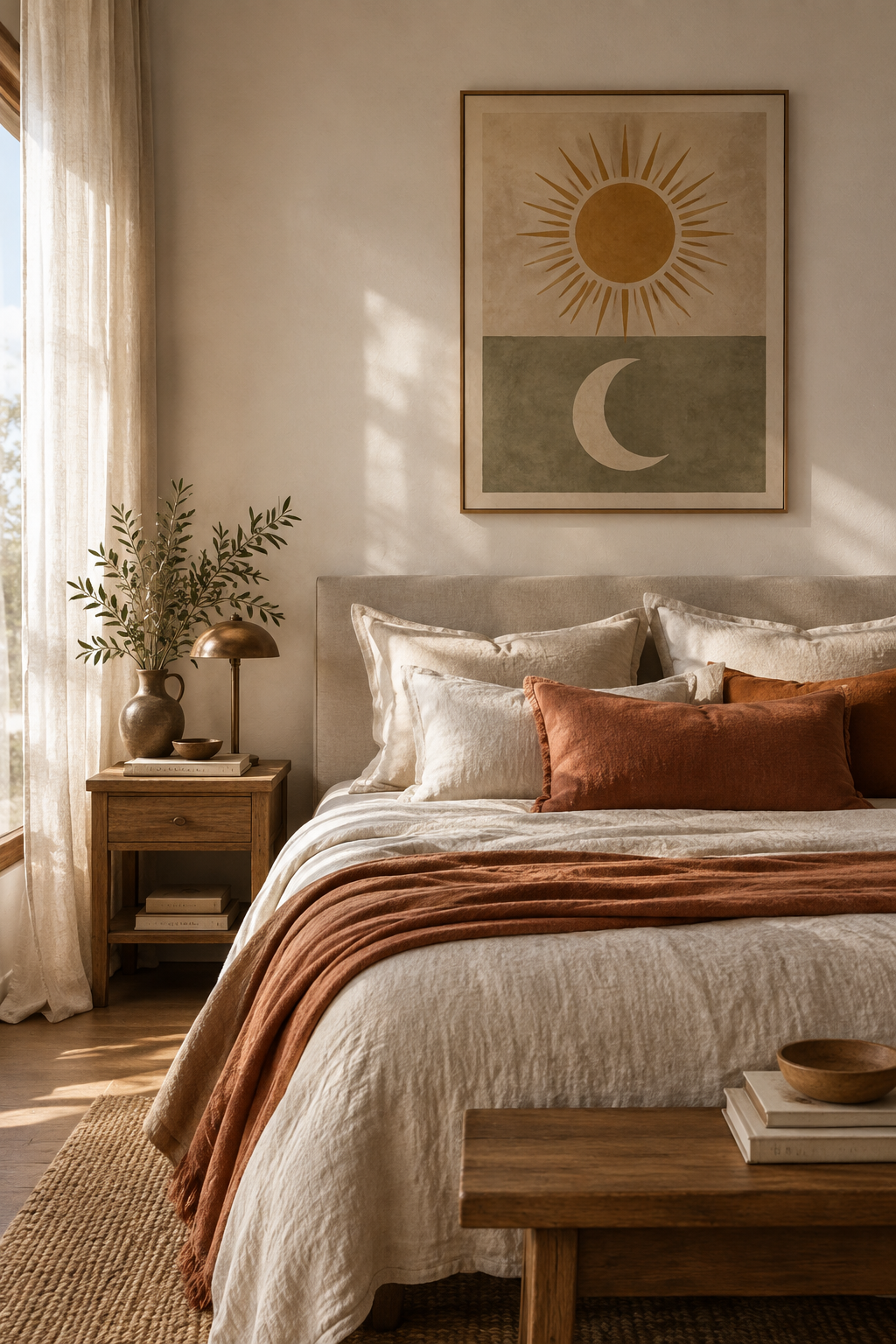 Toile soleil et lune style nordique Morandi au-dessus d'un lit en lin dans une chambre sereine