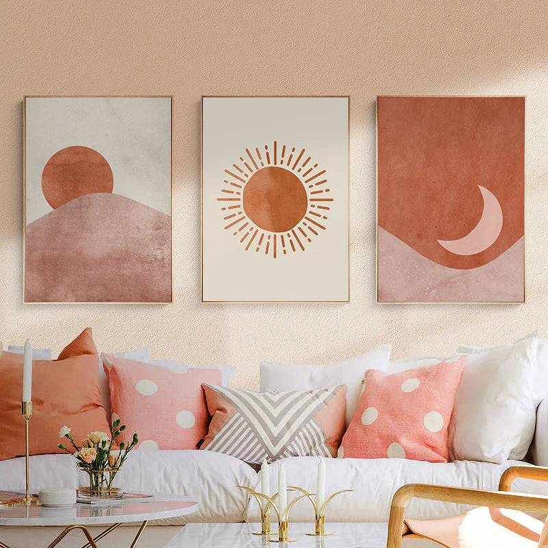 Affiche Toile Soleil & Lune Style Morandi – Art Nordique Décoration Salon & Chambre