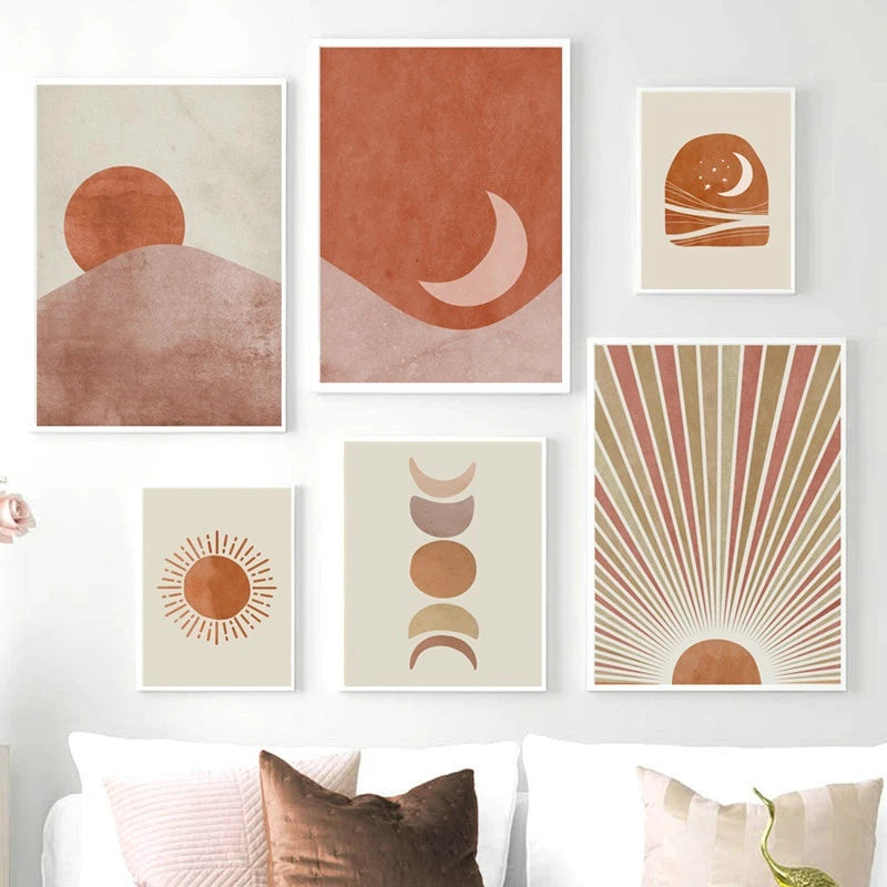 Affiche Toile Soleil & Lune Style Morandi – Art Nordique Décoration Salon & Chambre