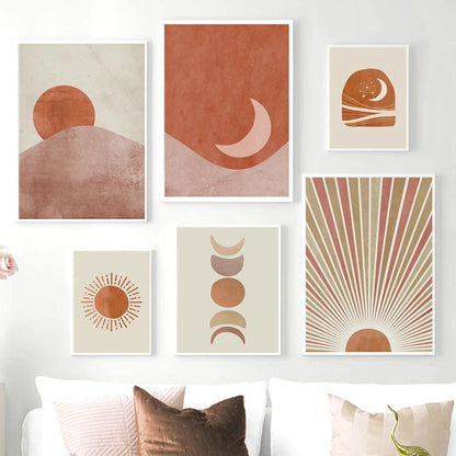 Affiche Toile Soleil & Lune Style Morandi – Art Nordique Décoration Salon & Chambre