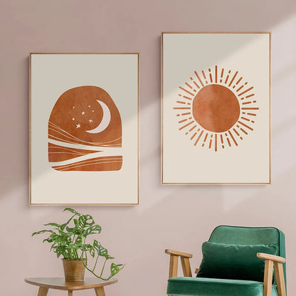 Affiche Toile Soleil & Lune Style Morandi – Art Nordique Décoration Salon & Chambre