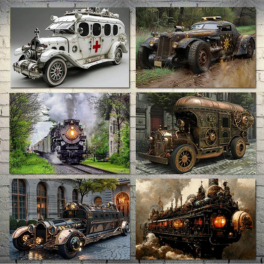 Affiche Vintage Steampunk – Camion & Train en Ferraille | Art Mural Bar & Déco Industrielle
