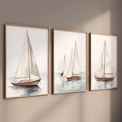 Set 3 Affiches Voiliers Aquarelle – Triptyque Art Nautique Bord de Mer | Toile Canvas