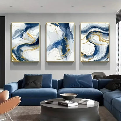 Set 3 Affiches Murales Bleu & Or – Triptyque Abstrait Géométrique | Toile Déco Salon