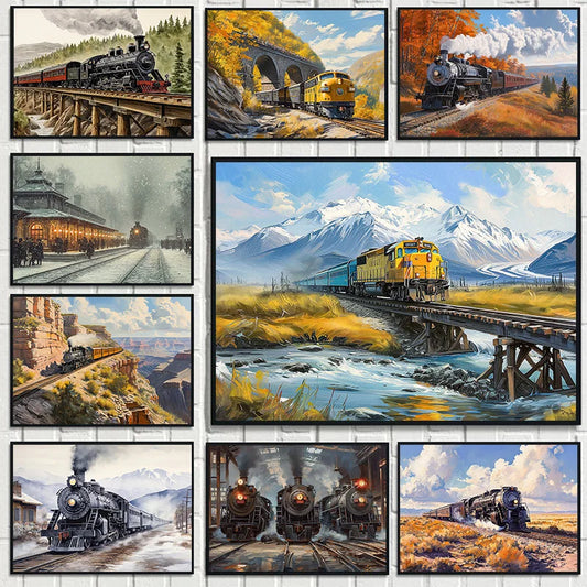 Affiche sur toile aquarelle – Locomotives à vapeur vintage et paysage de montagne