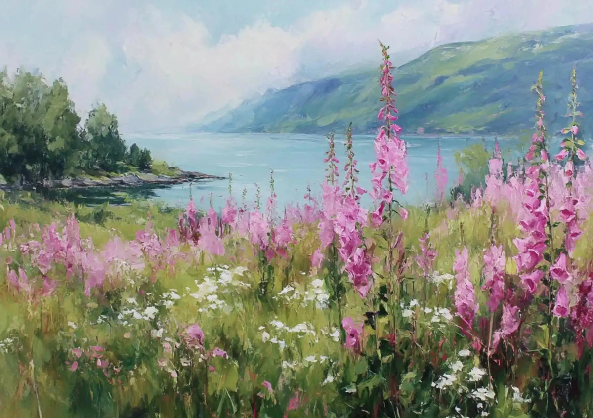 Affiche Paysage Nordique – Fleurs Violettes & Mer | Déco Murale 30x40cm