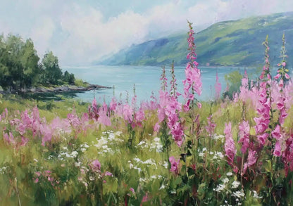 Affiche Paysage Nordique – Fleurs Violettes & Mer | Déco Murale 30x40cm