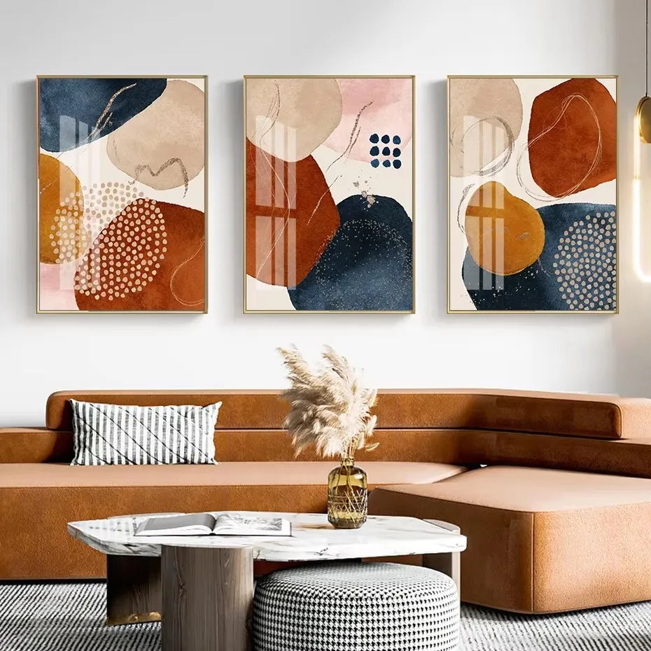 Set 3 Affiches Murales Bleu & Or – Triptyque Abstrait Géométrique | Toile Déco Salon