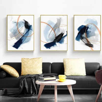 Set 3 Affiches Murales Bleu & Or – Triptyque Abstrait Géométrique | Toile Déco Salon