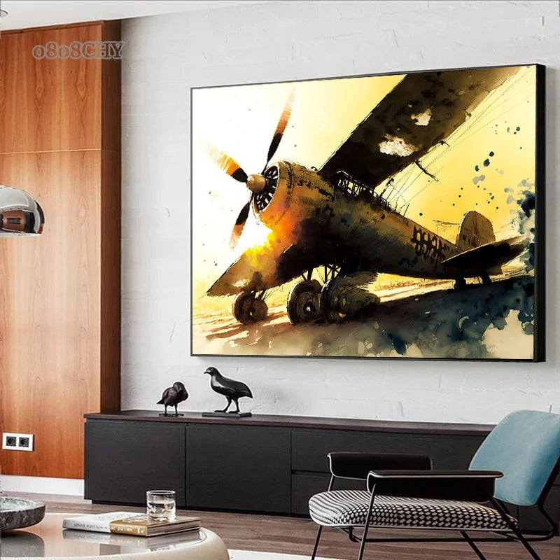Affiche Avion de Chasse – Impression sur Toile Art Mural Aquarelle