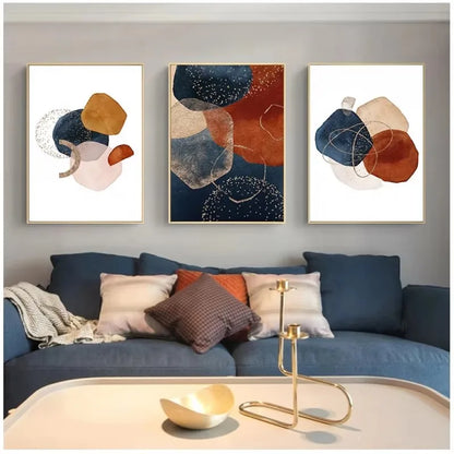 Set 3 Affiches Murales Bleu & Or – Triptyque Abstrait Géométrique | Toile Déco Salon