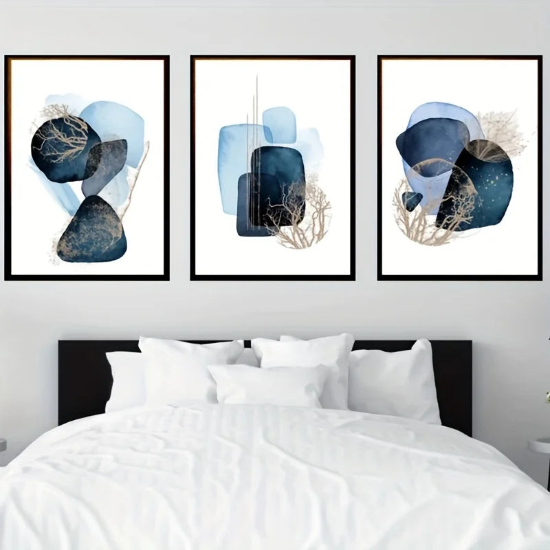 Set 3 Affiches Murales Bleu & Or – Triptyque Abstrait Géométrique | Toile Déco Salon