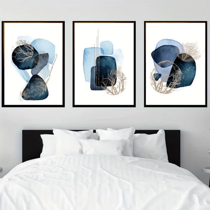 Set 3 Affiches Murales Bleu & Or – Triptyque Abstrait Géométrique | Toile Déco Salon