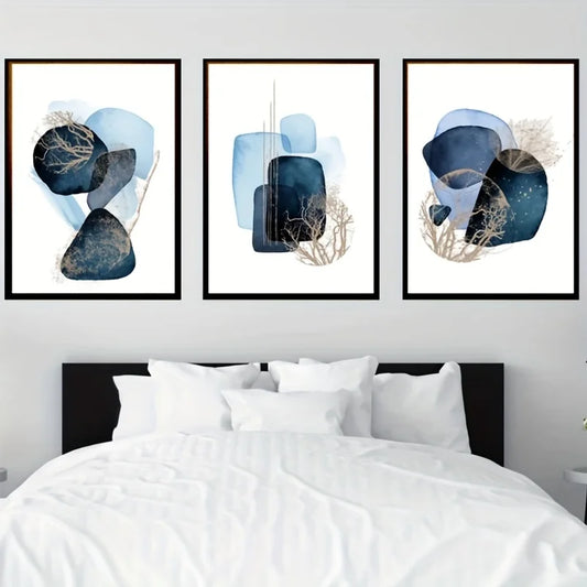 Set 3 Affiches Murales Bleu & Or – Triptyque Abstrait Géométrique | Toile Déco Salon