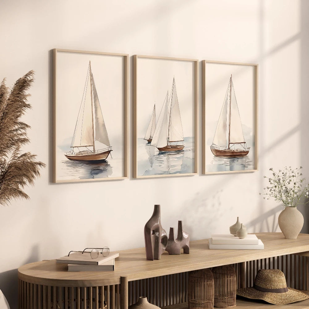 Set 3 Affiches Voiliers Aquarelle – Triptyque Art Nautique Bord de Mer | Toile Canvas