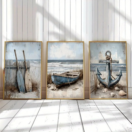 Set 3 Toiles Décoratives Nautiques – Plage & Océan – Décoration Salon, Chambre & Salle de Bain