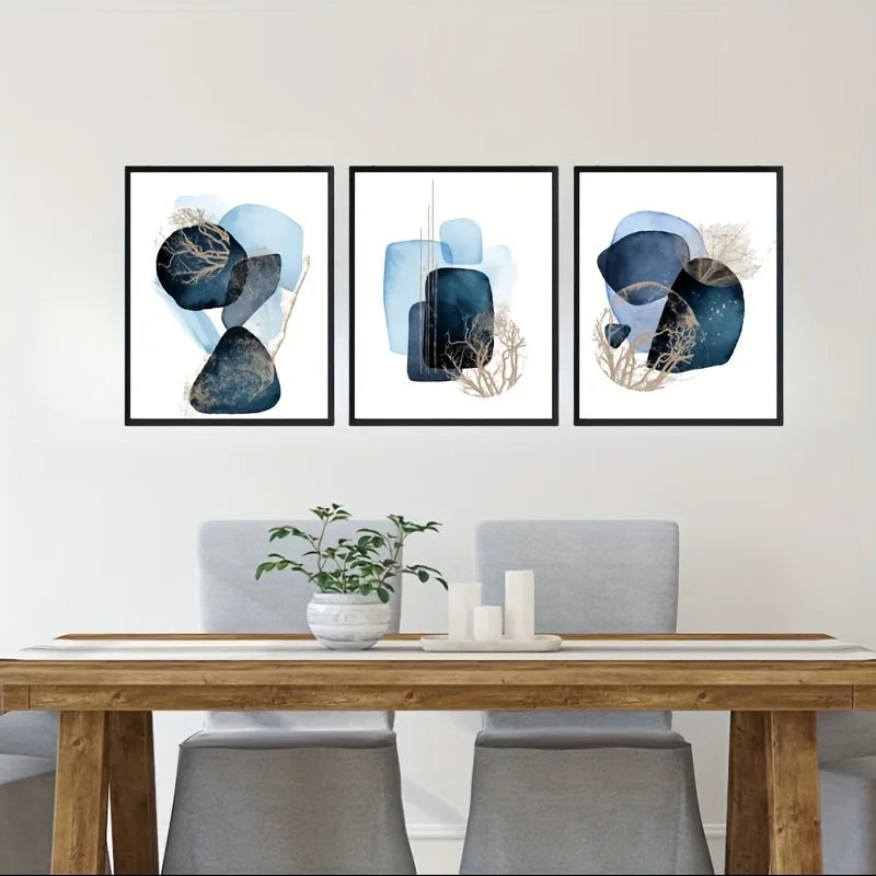 Set 3 Affiches Murales Bleu & Or – Triptyque Abstrait Géométrique | Toile Déco Salon