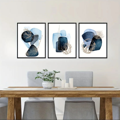 Set 3 Affiches Murales Bleu & Or – Triptyque Abstrait Géométrique | Toile Déco Salon