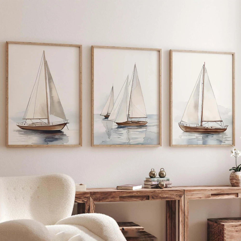 Set 3 Affiches Voiliers Aquarelle – Triptyque Art Nautique Bord de Mer | Toile Canvas