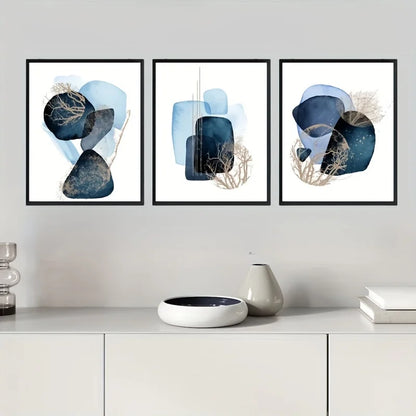 Set 3 Affiches Murales Bleu & Or – Triptyque Abstrait Géométrique | Toile Déco Salon
