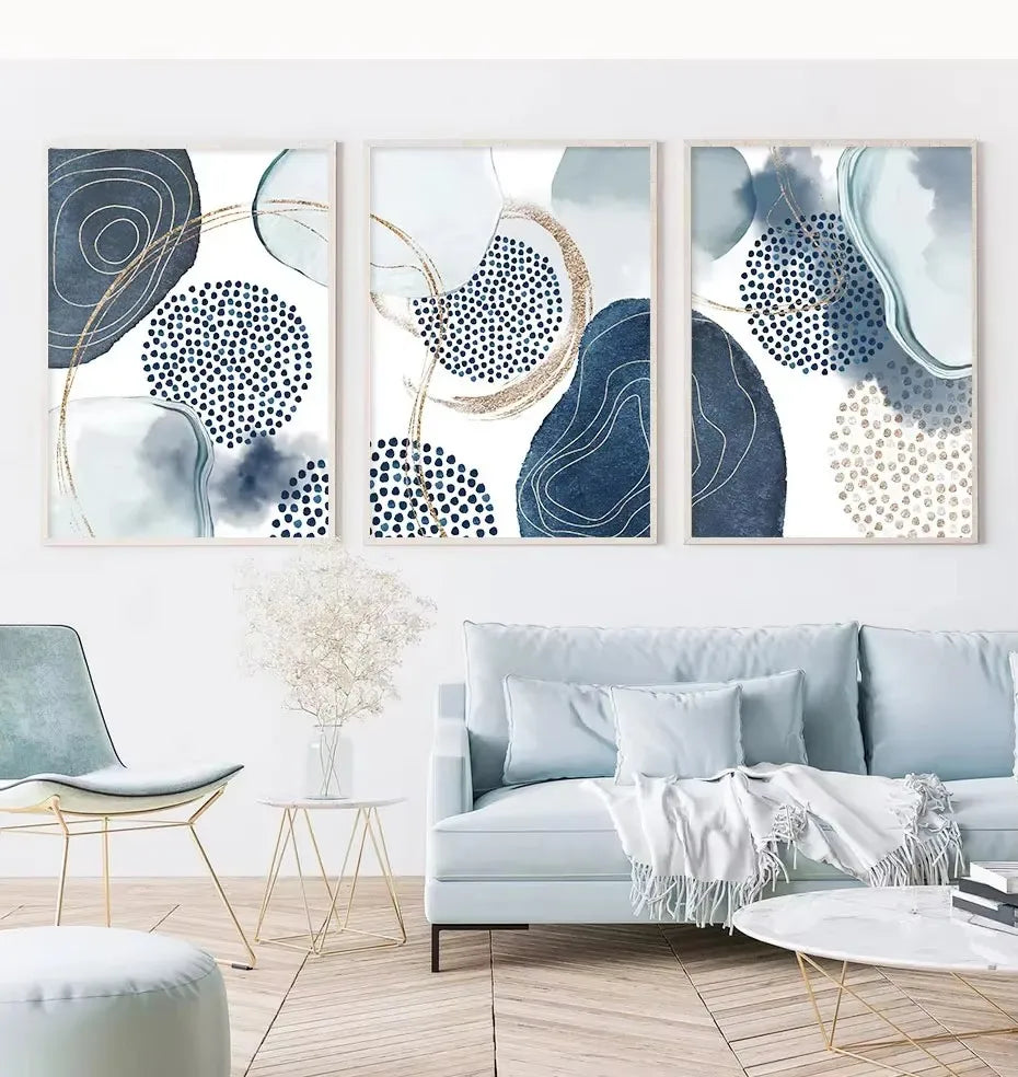 Set 3 Affiches Murales Bleu & Or – Triptyque Abstrait Géométrique | Toile Déco Salon