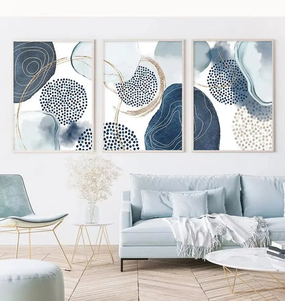 Set 3 Affiches Murales Bleu & Or – Triptyque Abstrait Géométrique | Toile Déco Salon