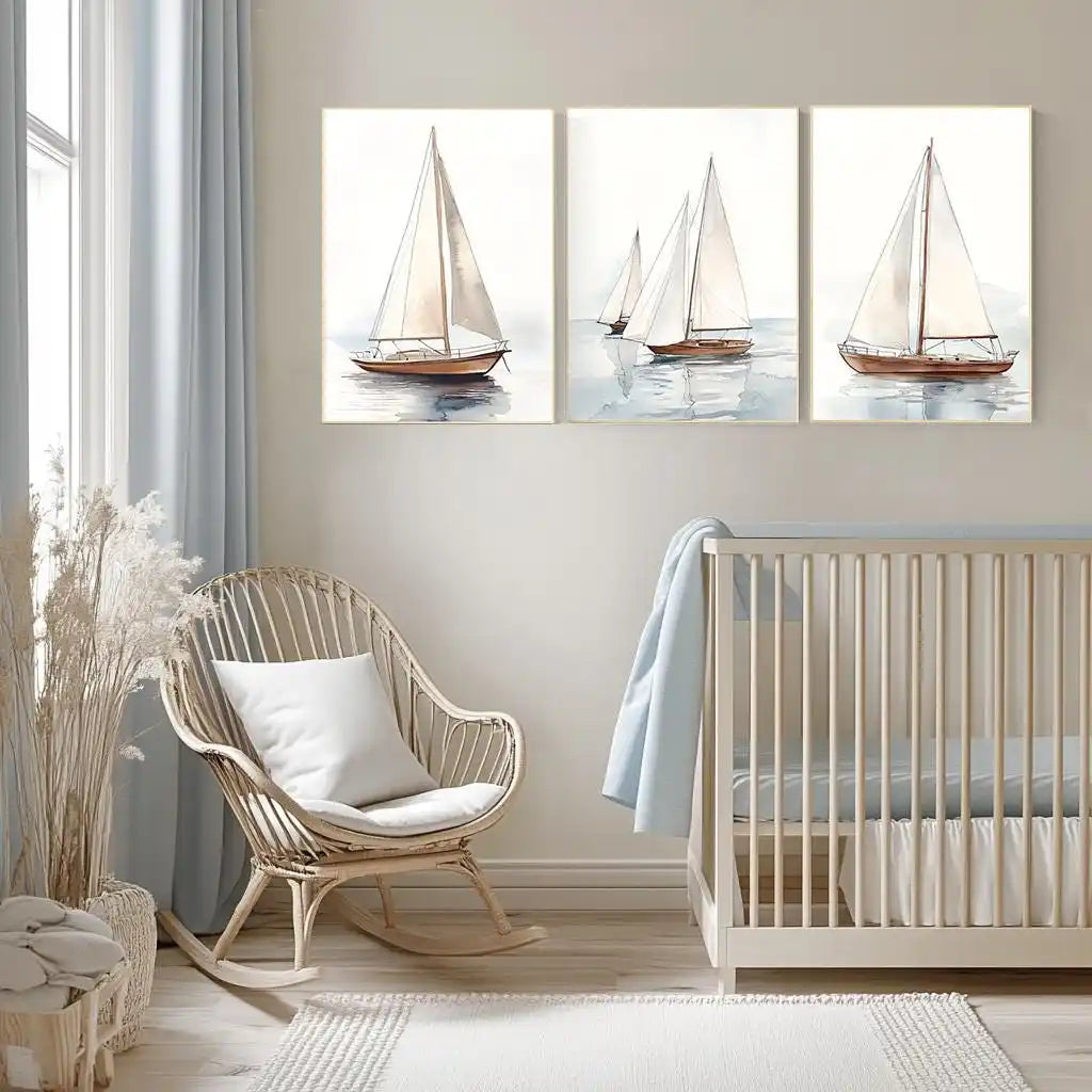Set 3 Affiches Voiliers Aquarelle – Triptyque Art Nautique Bord de Mer | Toile Canvas