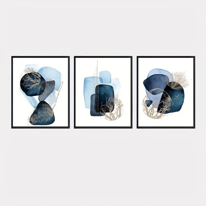 Set 3 Affiches Murales Bleu & Or – Triptyque Abstrait Géométrique | Toile Déco Salon