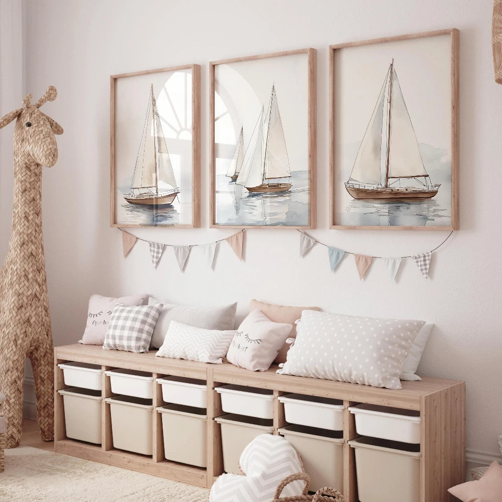 Set 3 Affiches Voiliers Aquarelle – Triptyque Art Nautique Bord de Mer | Toile Canvas