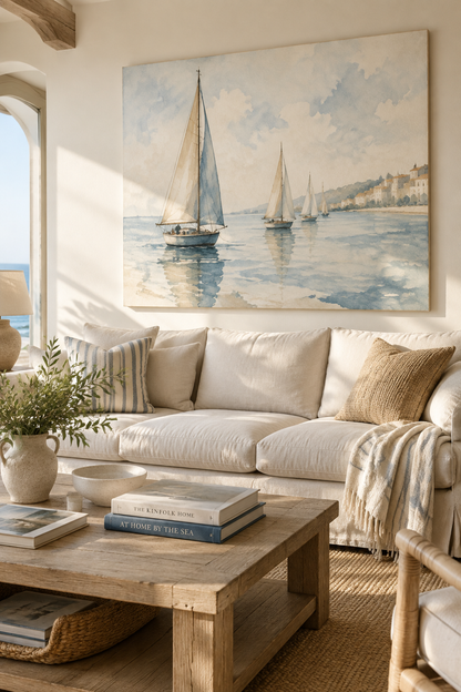 Affiche voilier aquarelle dans un salon côtier moderne