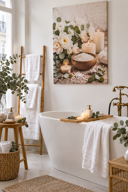 Toile spa et fleurs dans une salle de bain zen épurée avec bambou et bougies