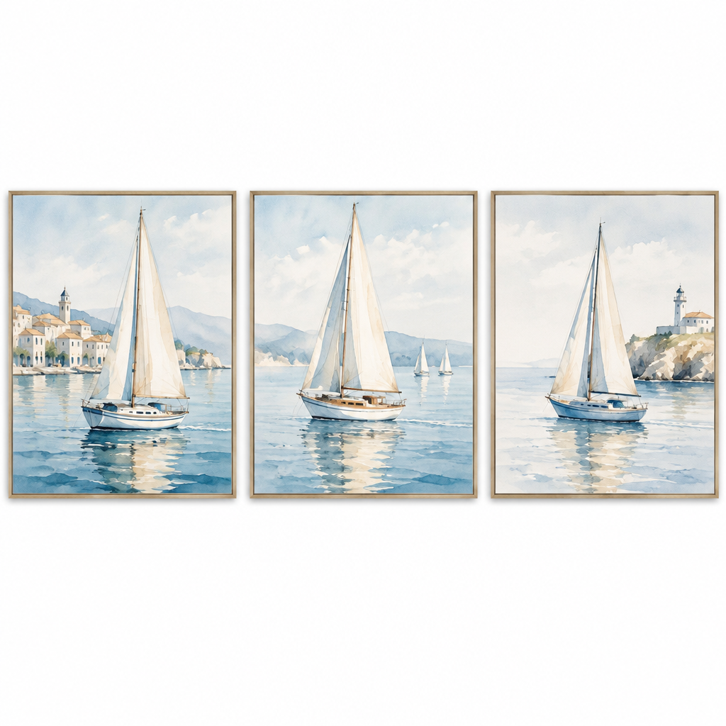 Set 3 affiches voiliers aquarelle art nautique bord de mer